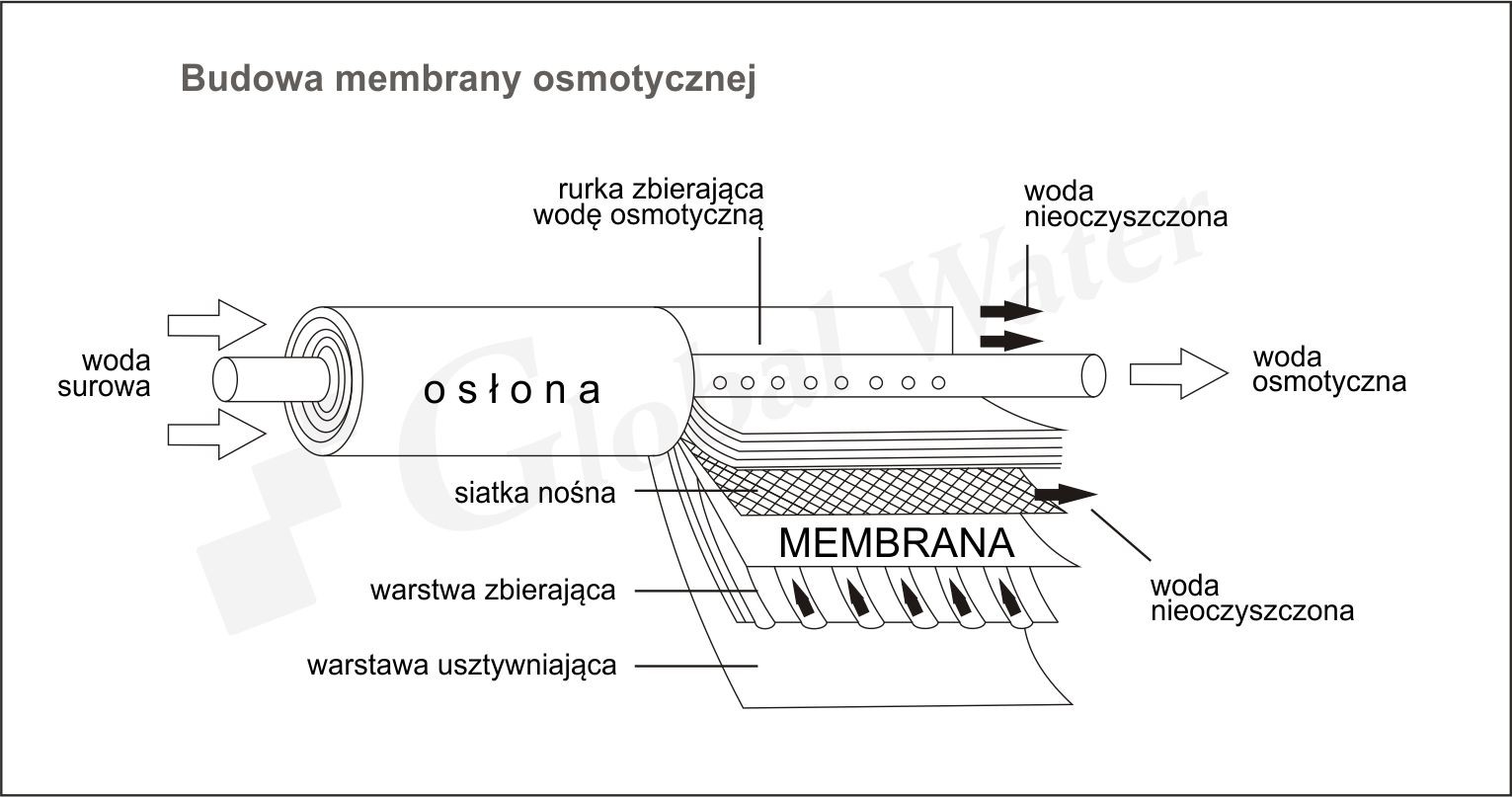 Schemat membrany osmotycznej stosowanej w domowych osmozach